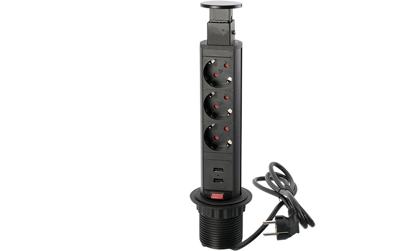 Eluttag 'PopUp' Ø 60 mm 3 x Uttag 2 x USB Svart