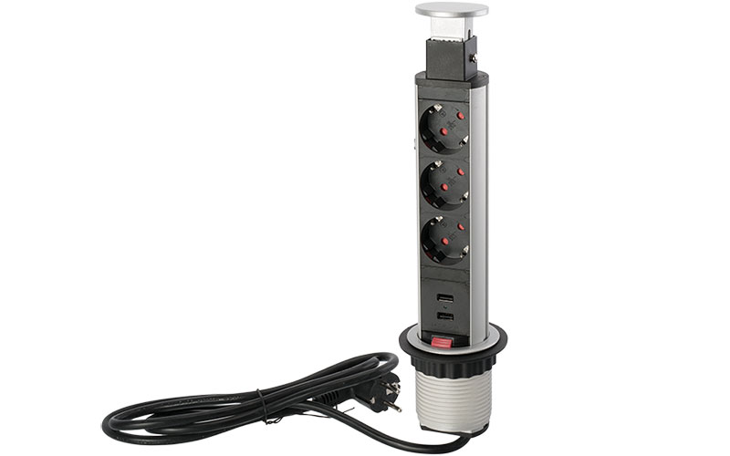Eluttag 'PopUp' Ø 60 mm 3 x Uttag 2 x USB Silver