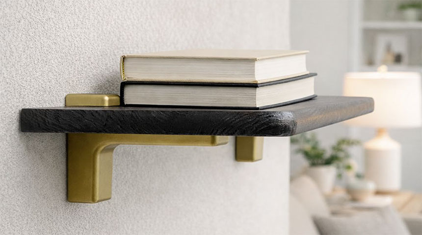 Dark wood shelf with books mounted on the wall with gold-colored Bruno shelf brackets.