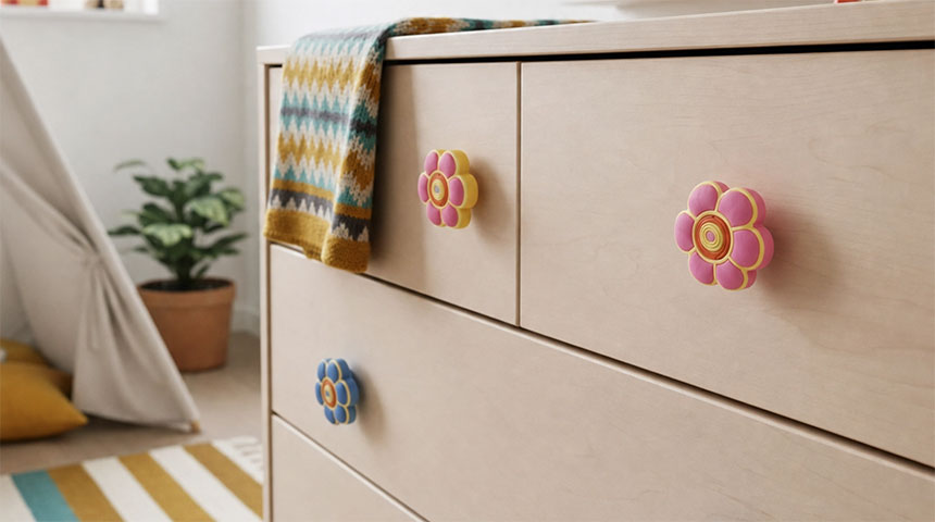 Light-colored dresser with flower-shaped children's knobs in pink and blue in a kids' room.