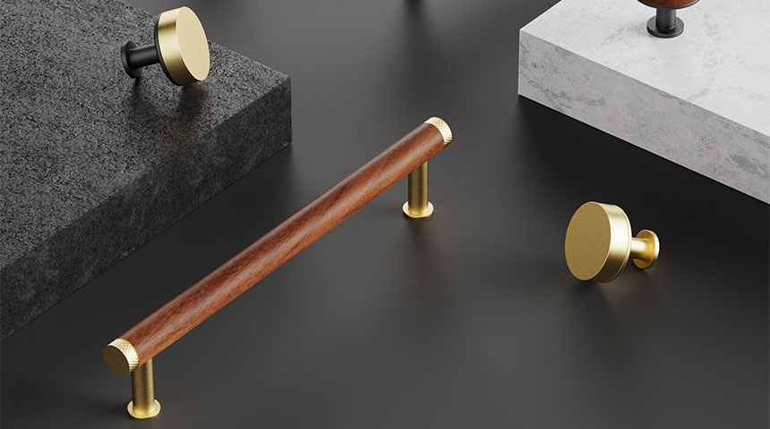 Exklusiva handtag och knoppar i valnöt och mässing från Qupon kollektion